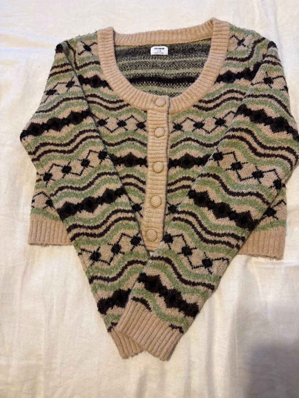 Cropped Multi-colored Wavy Geometric Pattern Knit Fall Winter Cardigan Large